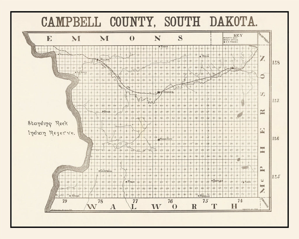 Vintage Map of Campbell County, South Dakota 1908