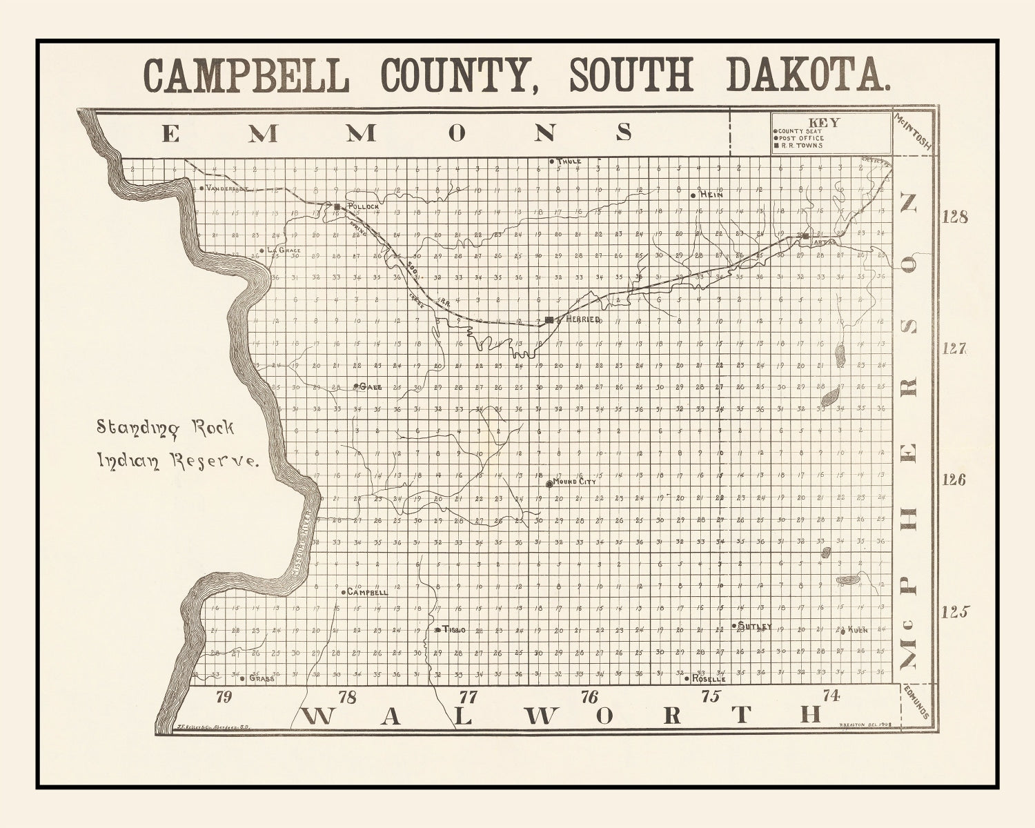 Vintage Map of Campbell County, South Dakota 1908