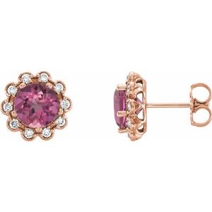 14K Rose Gold 3.25 mm Natural Pink Tourmaline & 1/8 CTW Natural Diamond Earrings