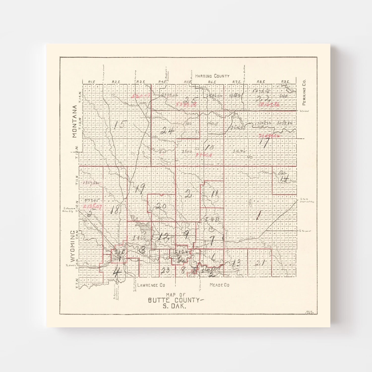 Vintage Map of Butte County, South Dakota 1936