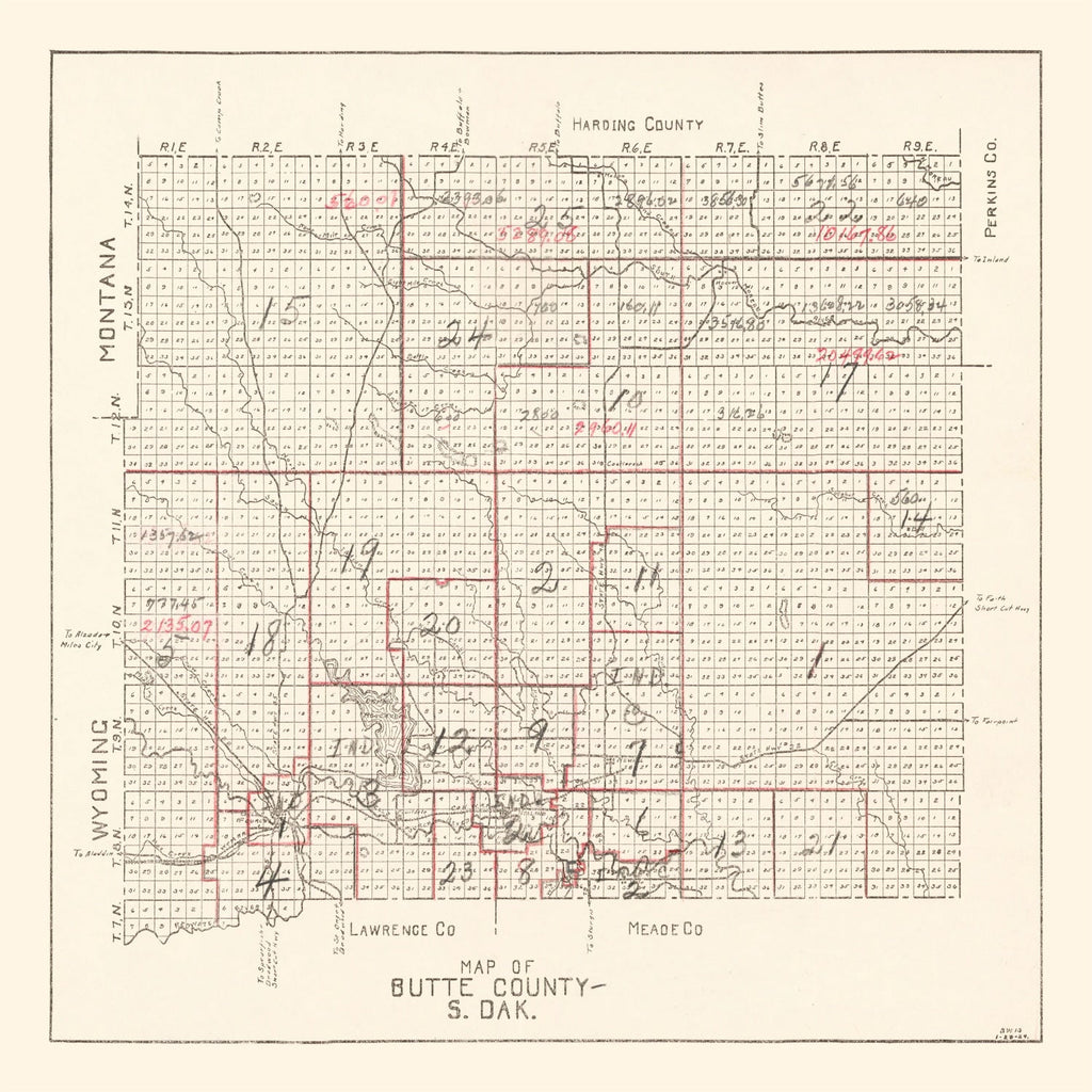 Vintage Map of Butte County, South Dakota 1936