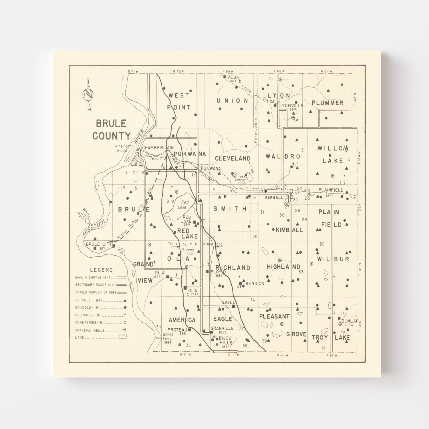 Vintage Map of Brule County, South Dakota 1947