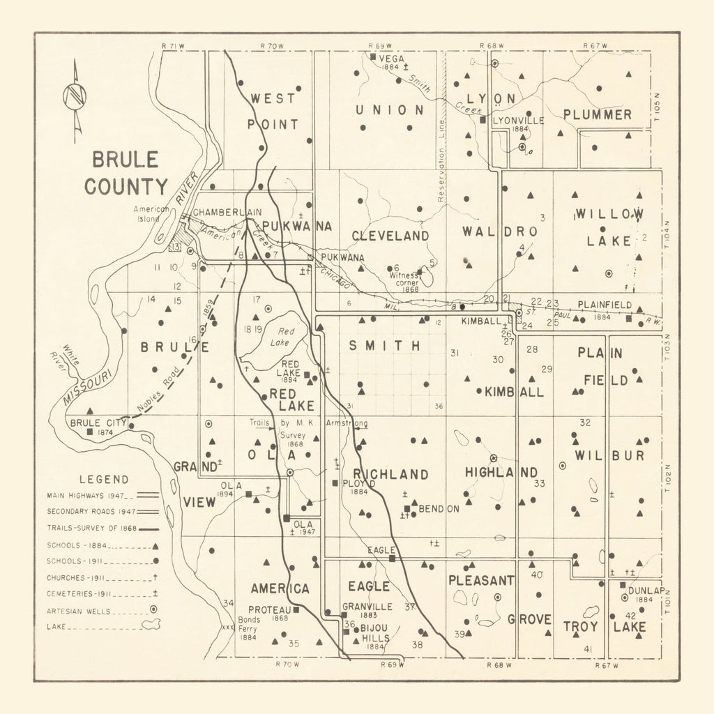 Vintage Map of Brule County, South Dakota 1947