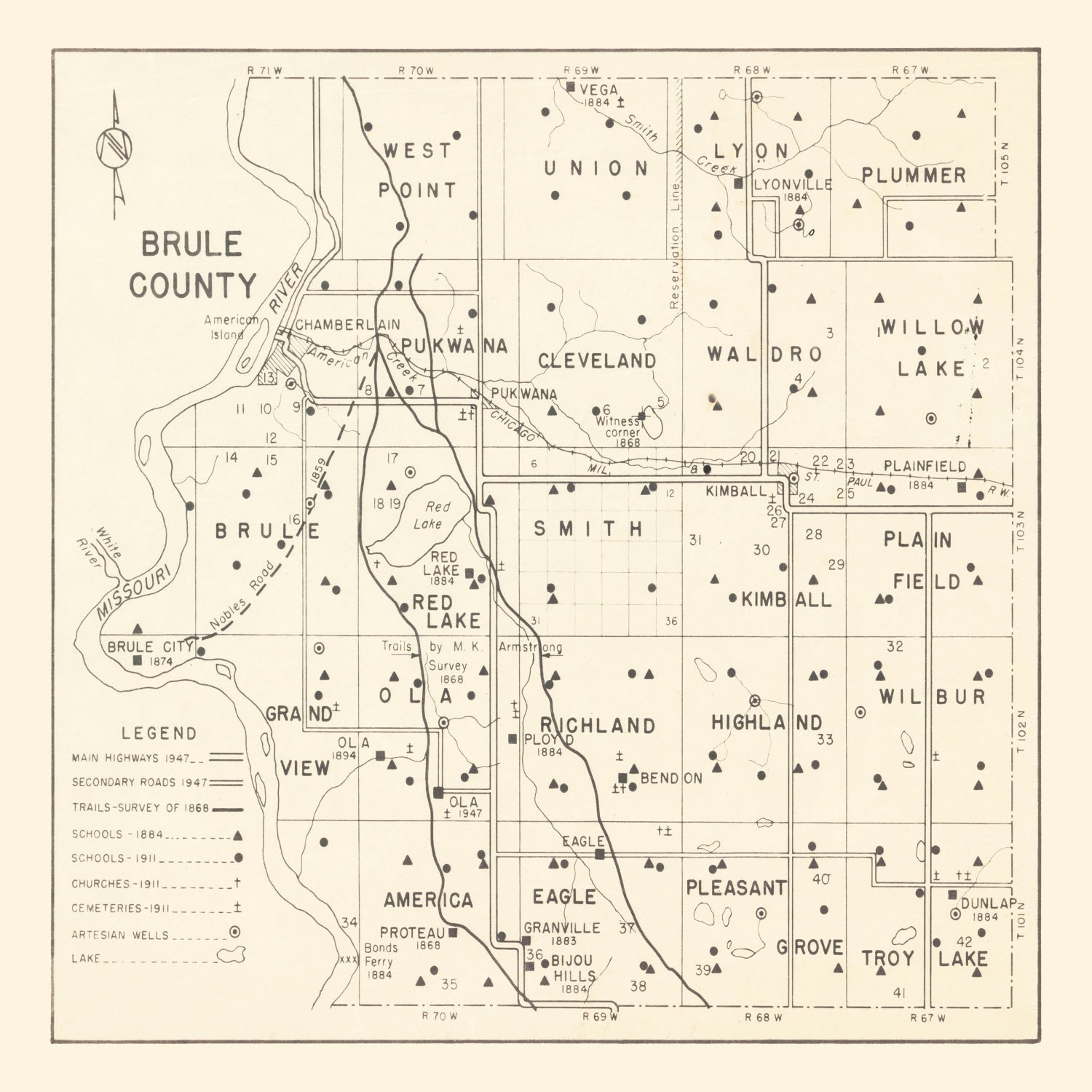 Vintage Map of Brule County, South Dakota 1947