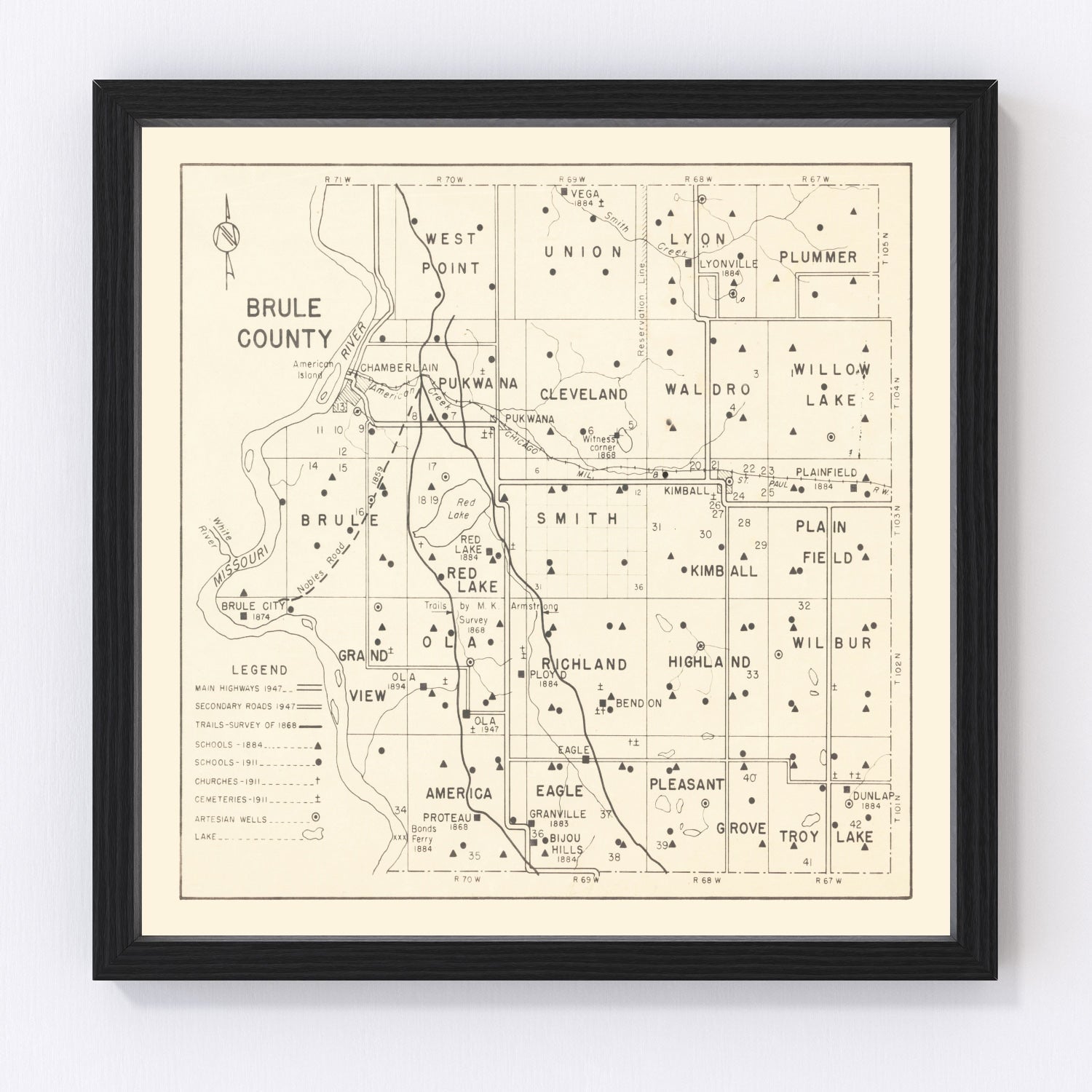 Vintage Map of Brule County, South Dakota 1947