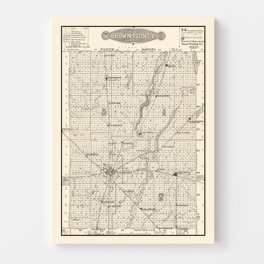 Vintage Map of Brown County, South Dakota 1918