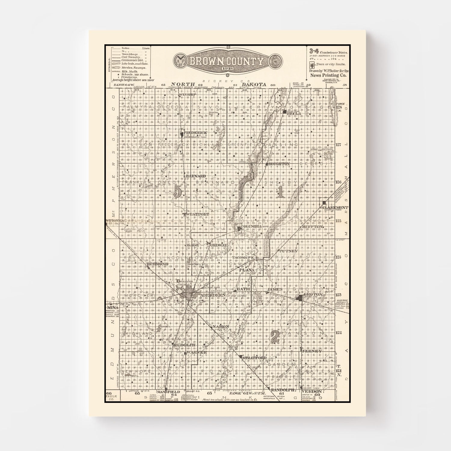 Vintage Map of Brown County, South Dakota 1918