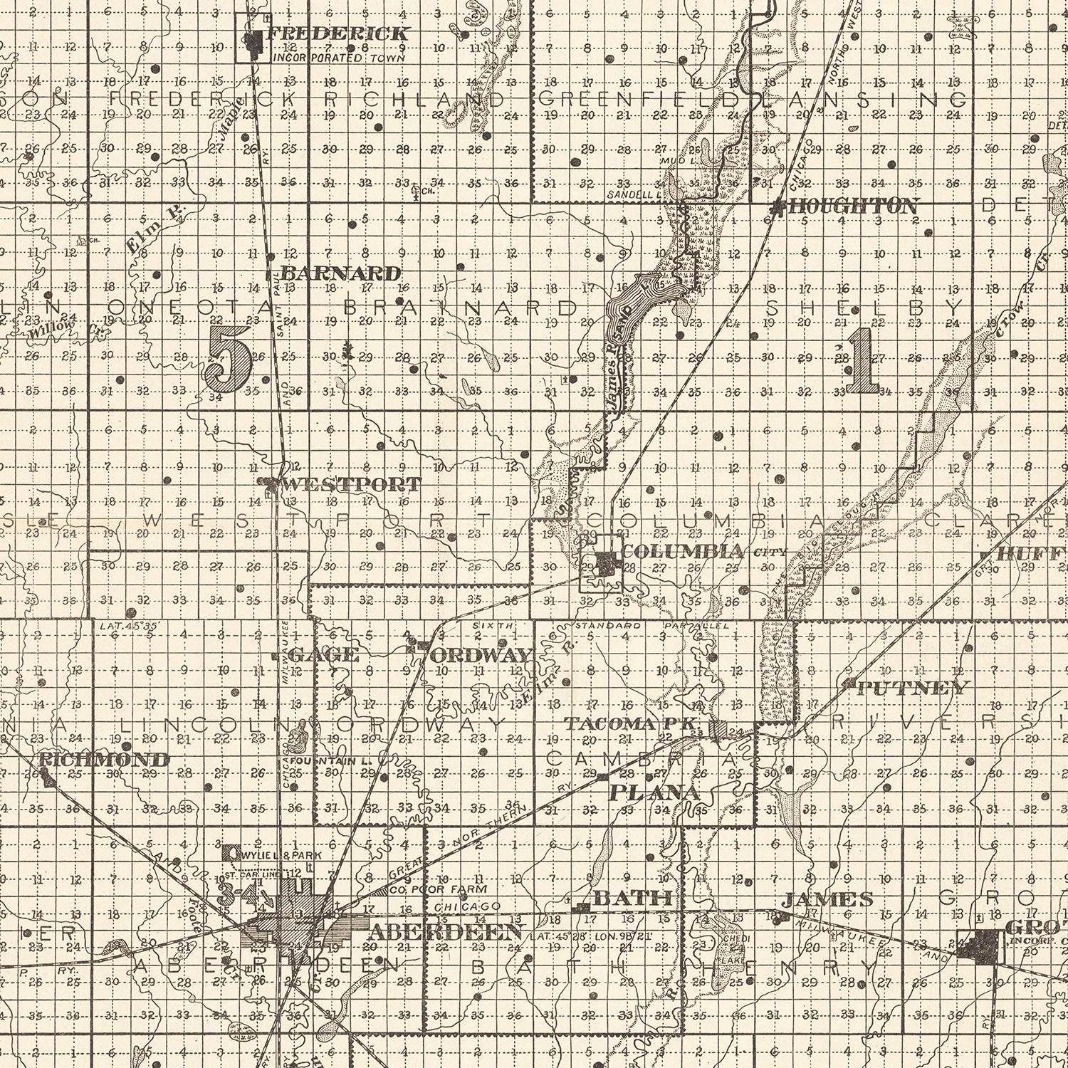 Vintage Map of Brown County, South Dakota 1918