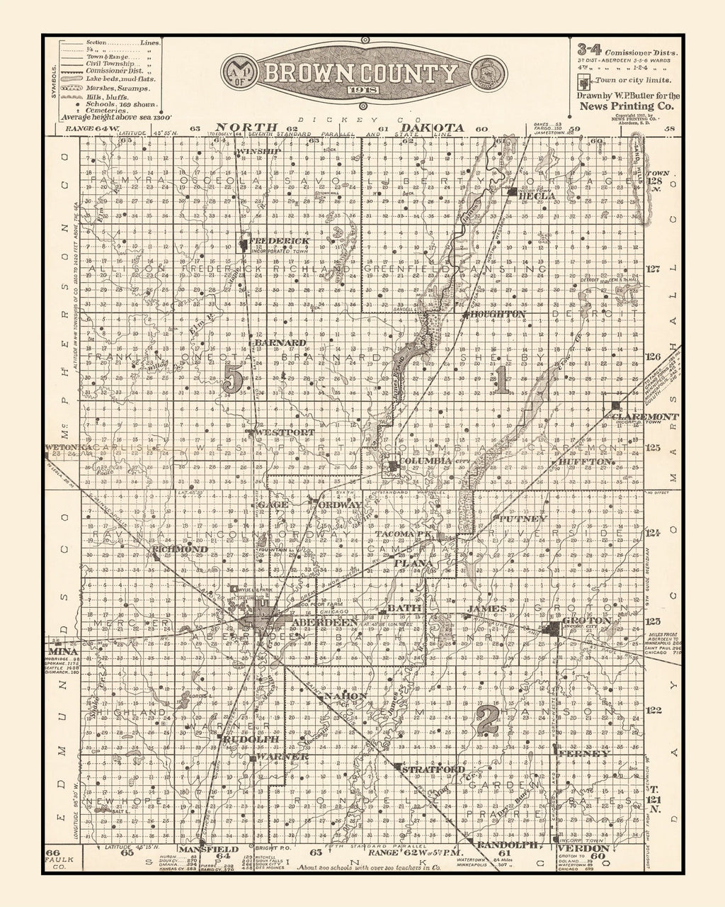 Vintage Map of Brown County, South Dakota 1918