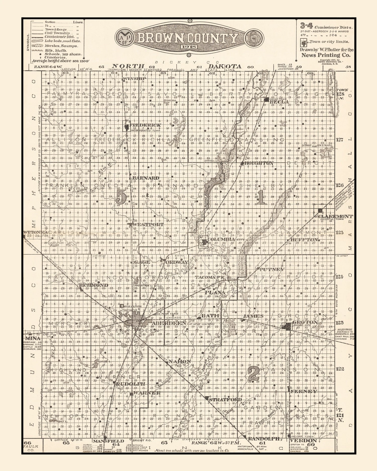 Vintage Map of Brown County, South Dakota 1918