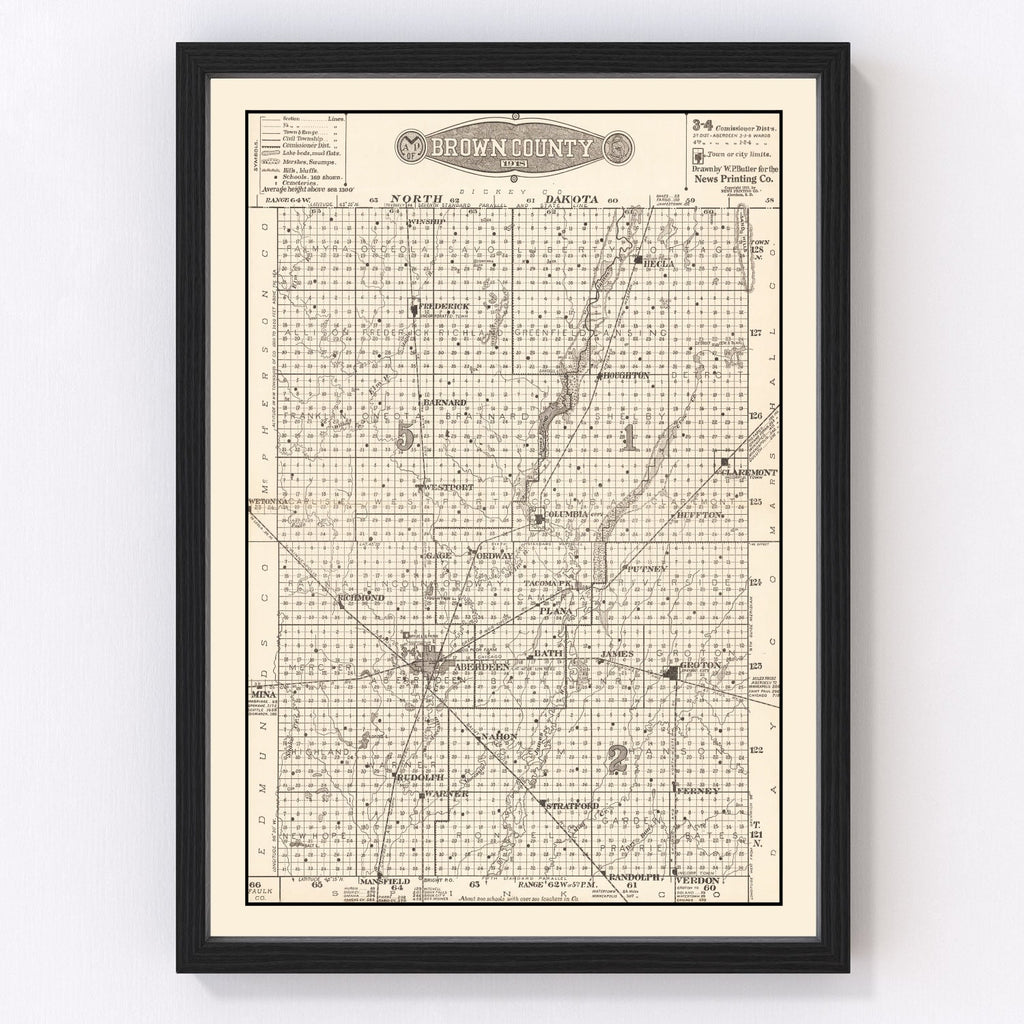 Vintage Map of Brown County, South Dakota 1918