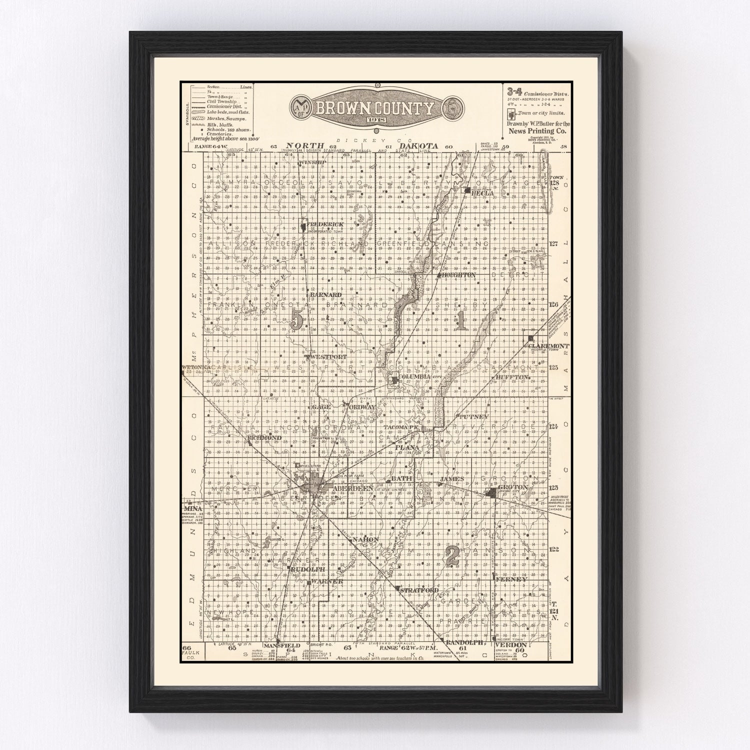 Vintage Map of Brown County, South Dakota 1918