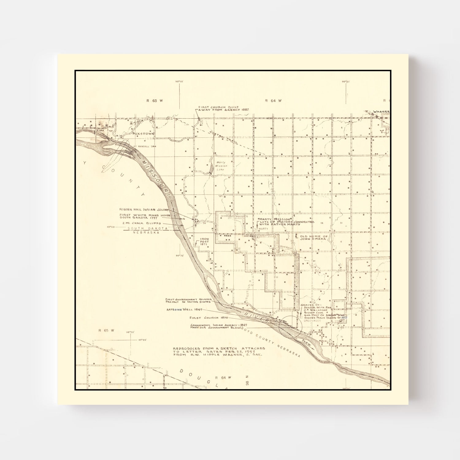 Vintage Map of Charles Mix County, South Dakota 1953