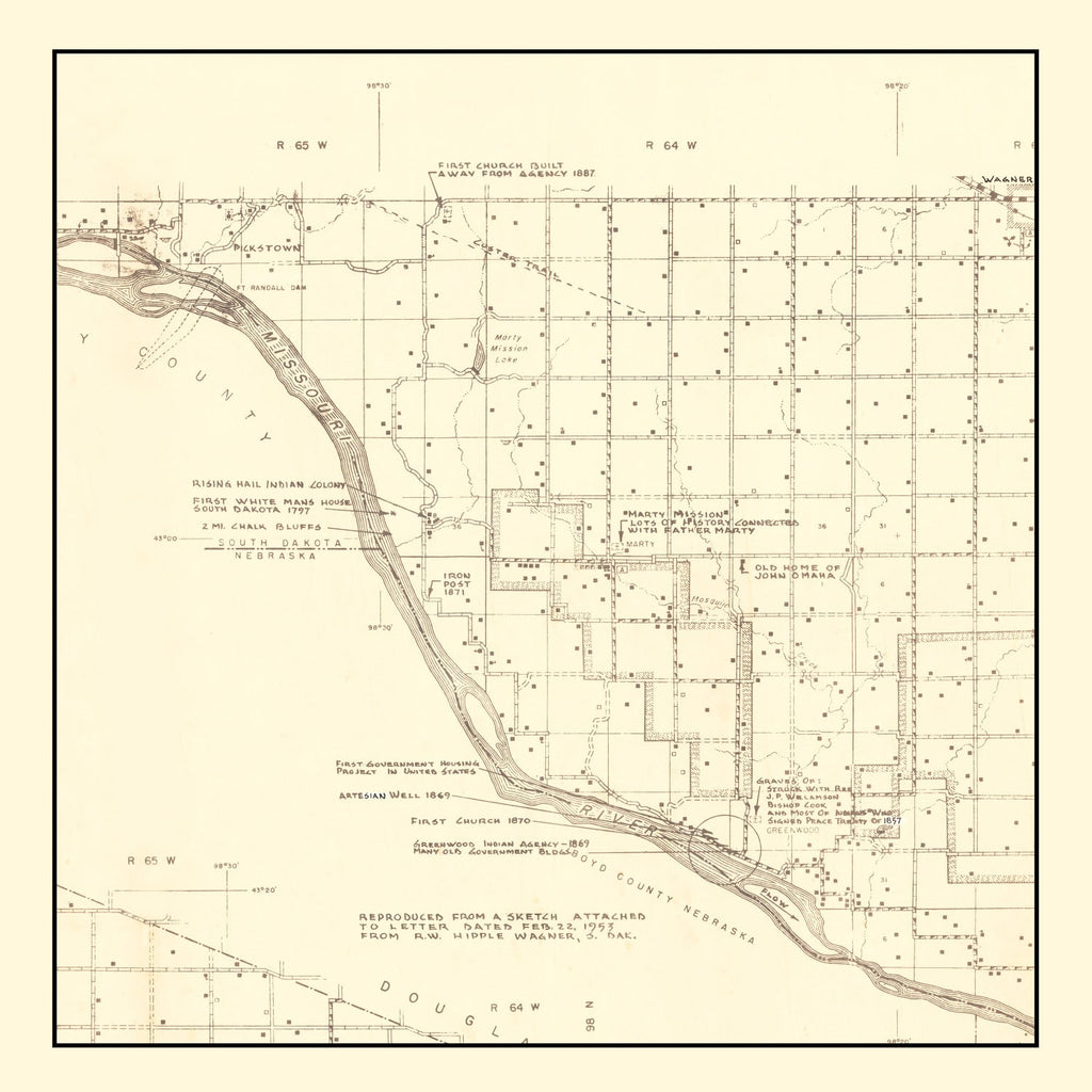 Vintage Map of Charles Mix County, South Dakota 1953