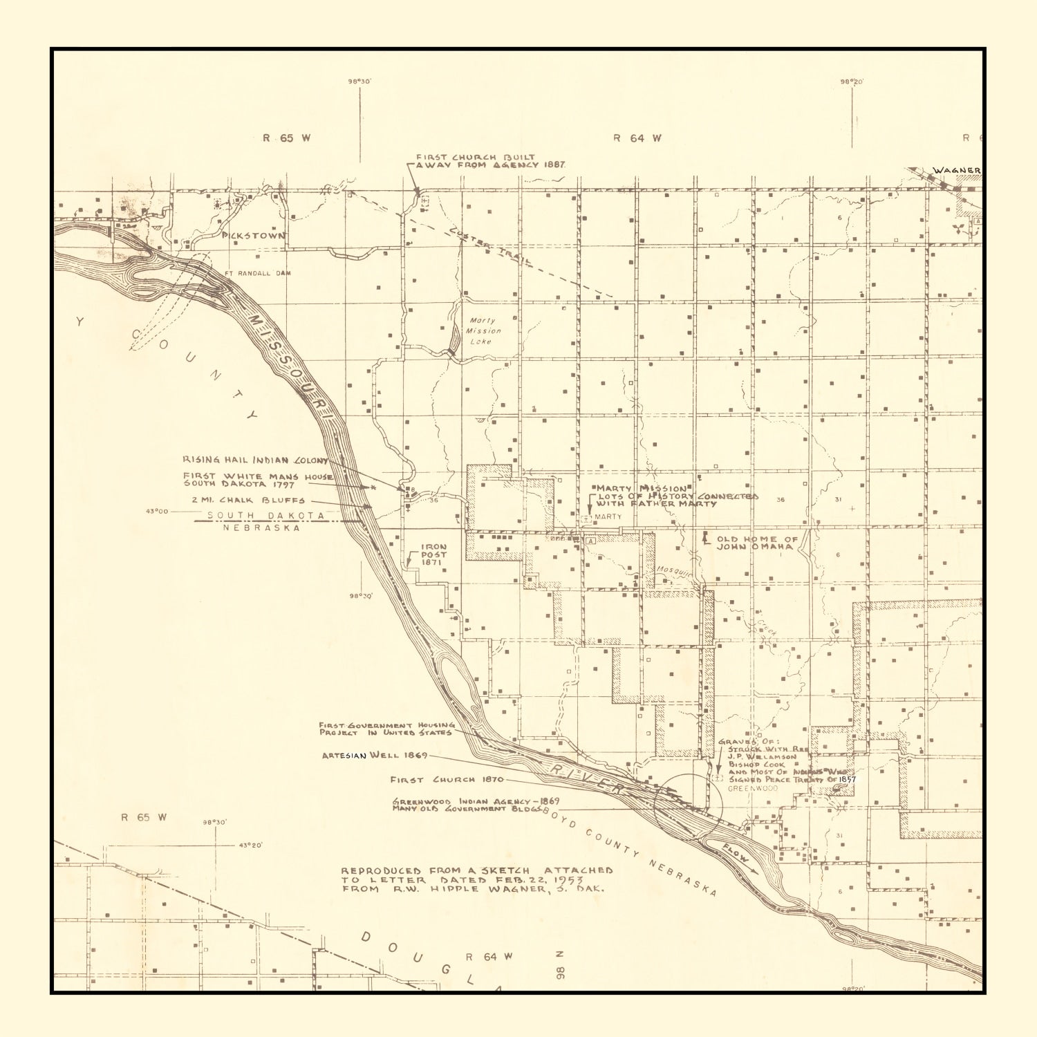 Vintage Map of Charles Mix County, South Dakota 1953