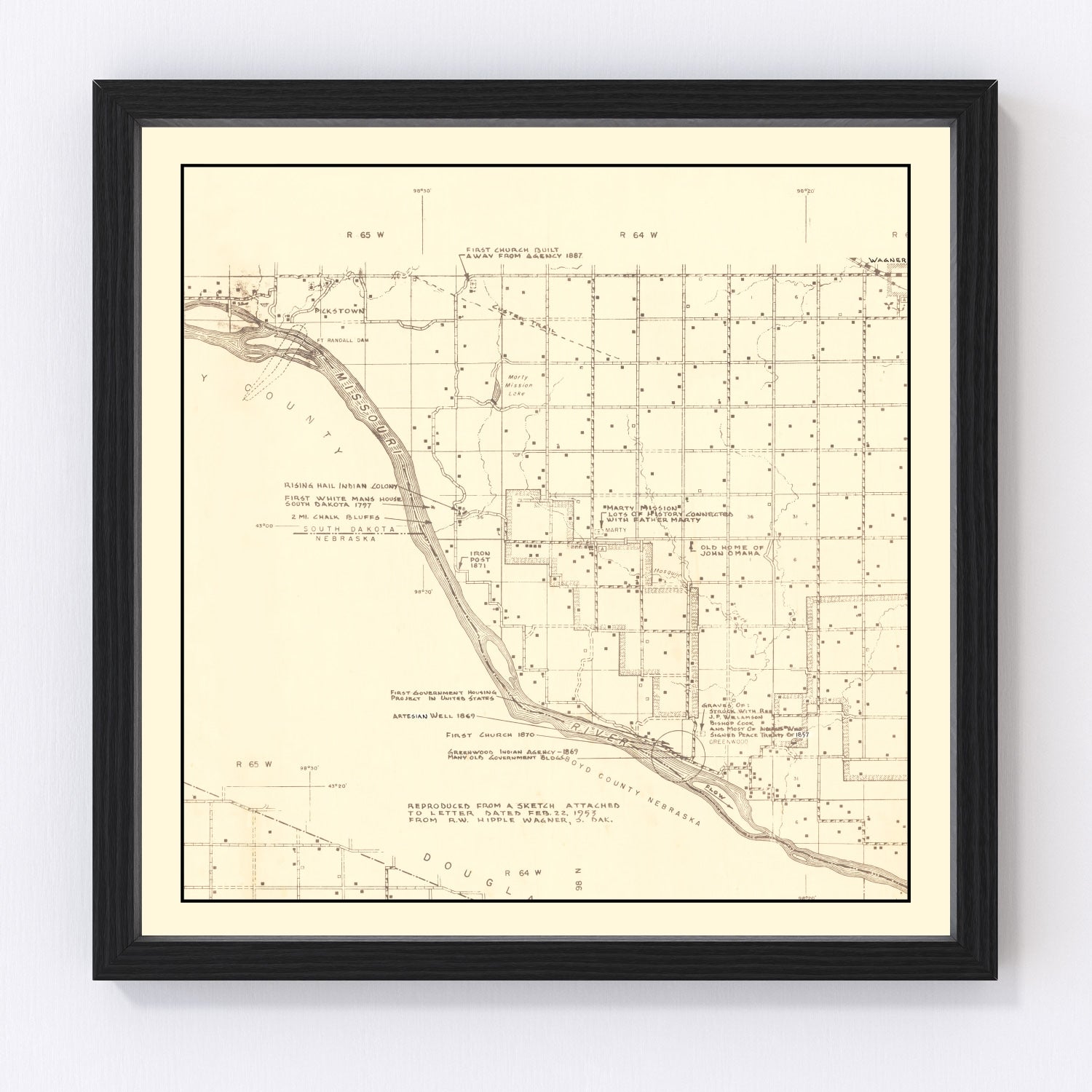 Vintage Map of Charles Mix County, South Dakota 1953