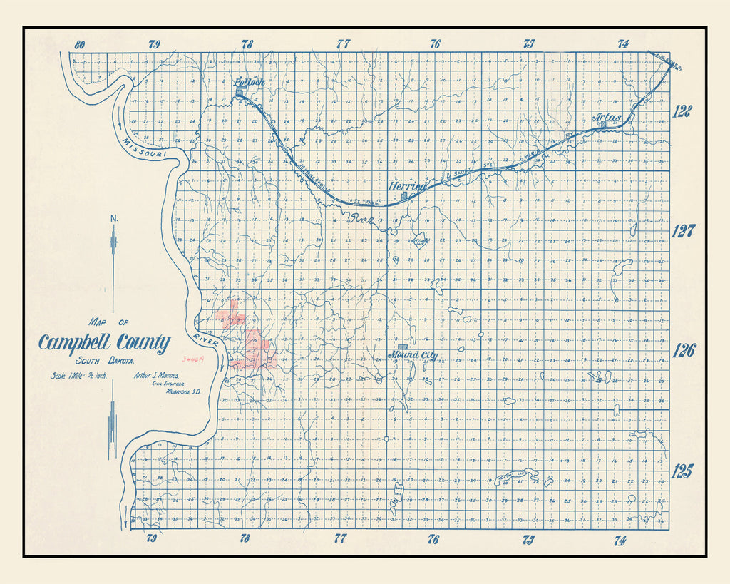 Vintage Map of Campbell County, South Dakota 1947