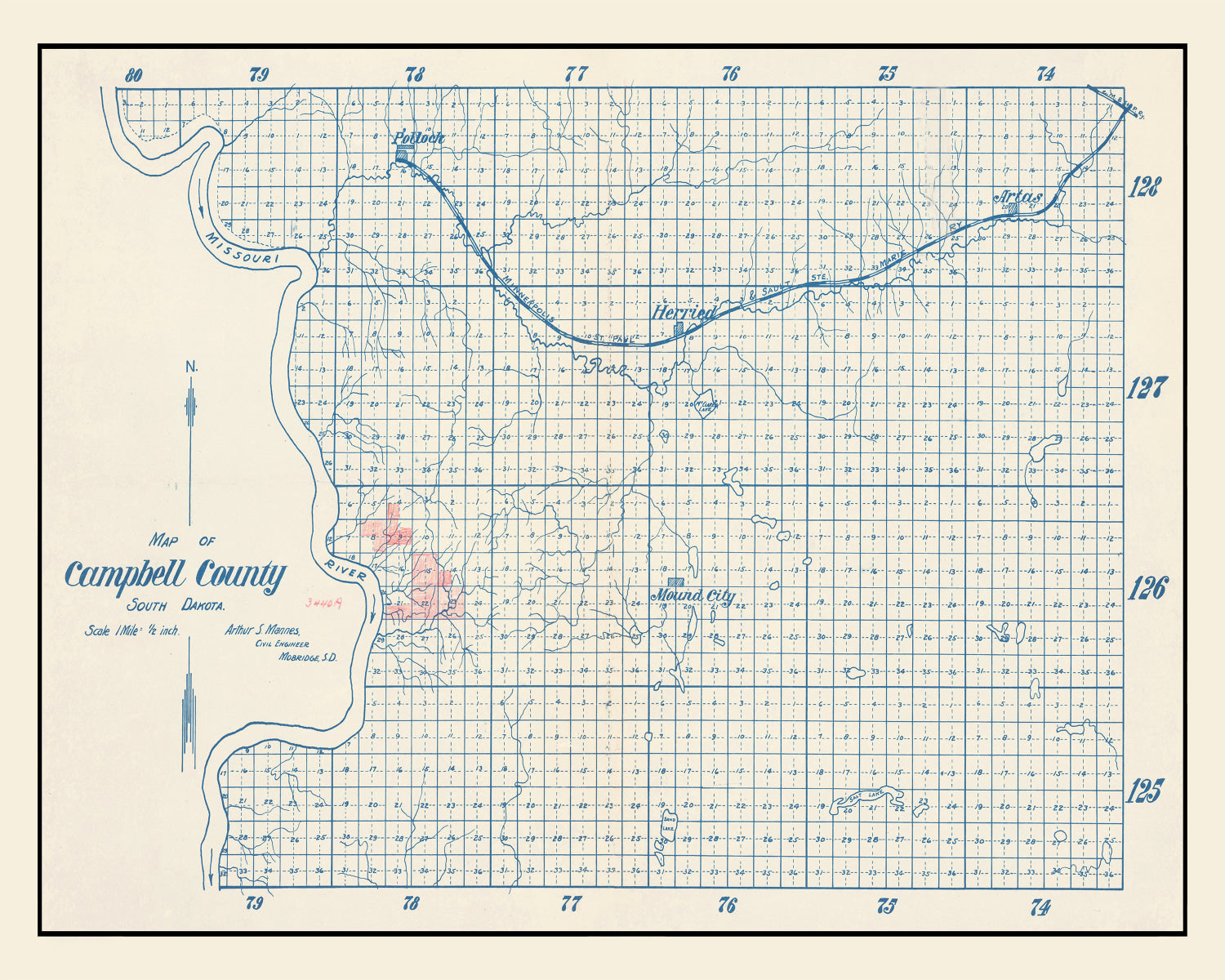 Vintage Map of Campbell County, South Dakota 1947