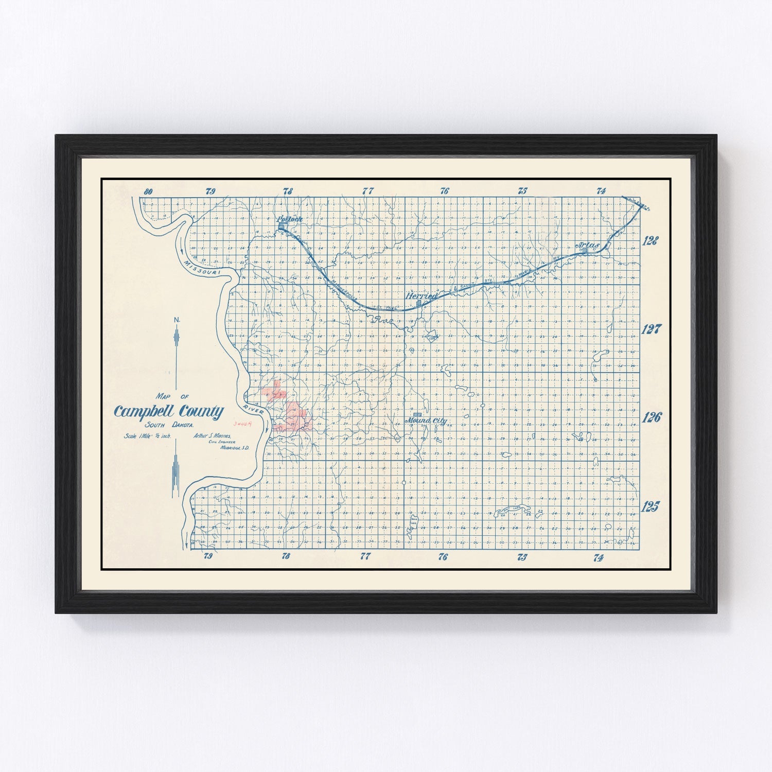 Vintage Map of Campbell County, South Dakota 1947