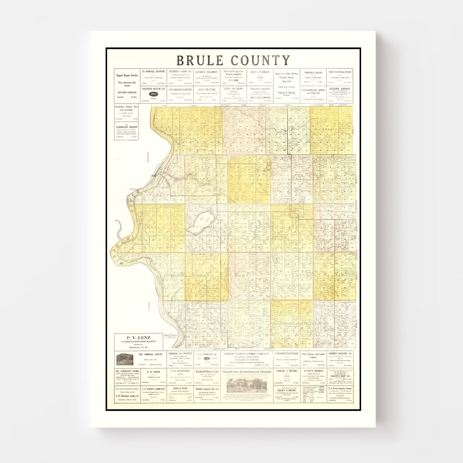 Vintage Map of Brule County, South Dakota 1930