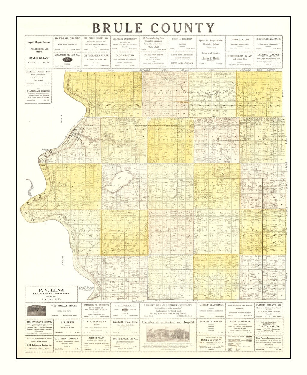 Vintage Map of Brule County, South Dakota 1930