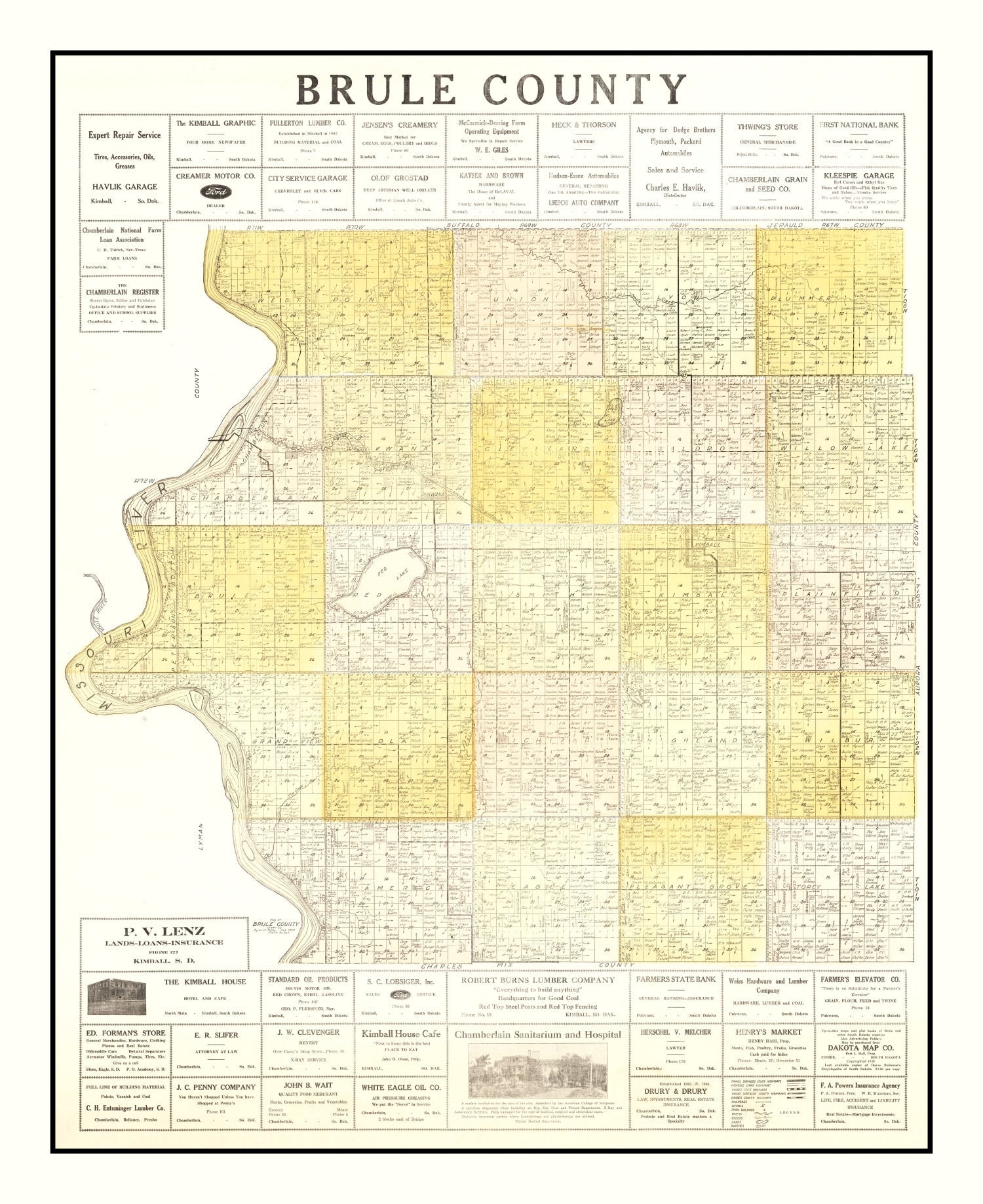 Vintage Map of Brule County, South Dakota 1930