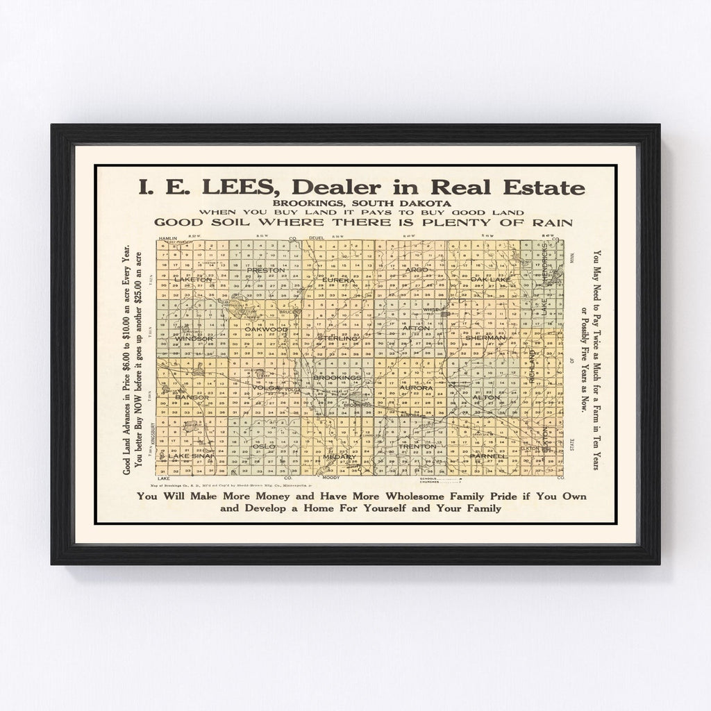 Vintage Map of Brookings County, South Dakota 1917