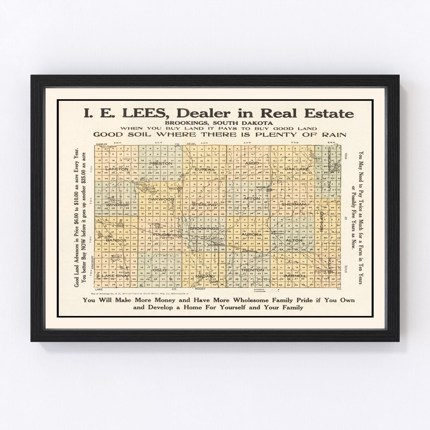 Vintage Map of Brookings County, South Dakota 1917