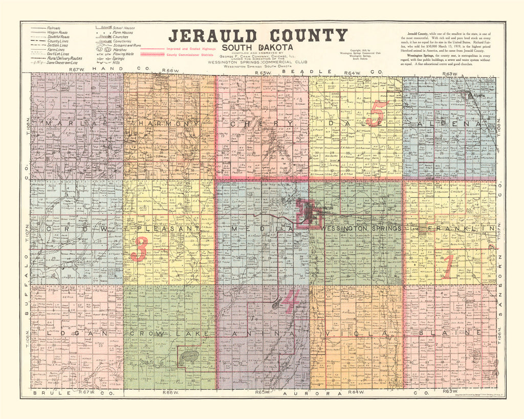 Vintage Map of Jerauld County, South Dakota 1919