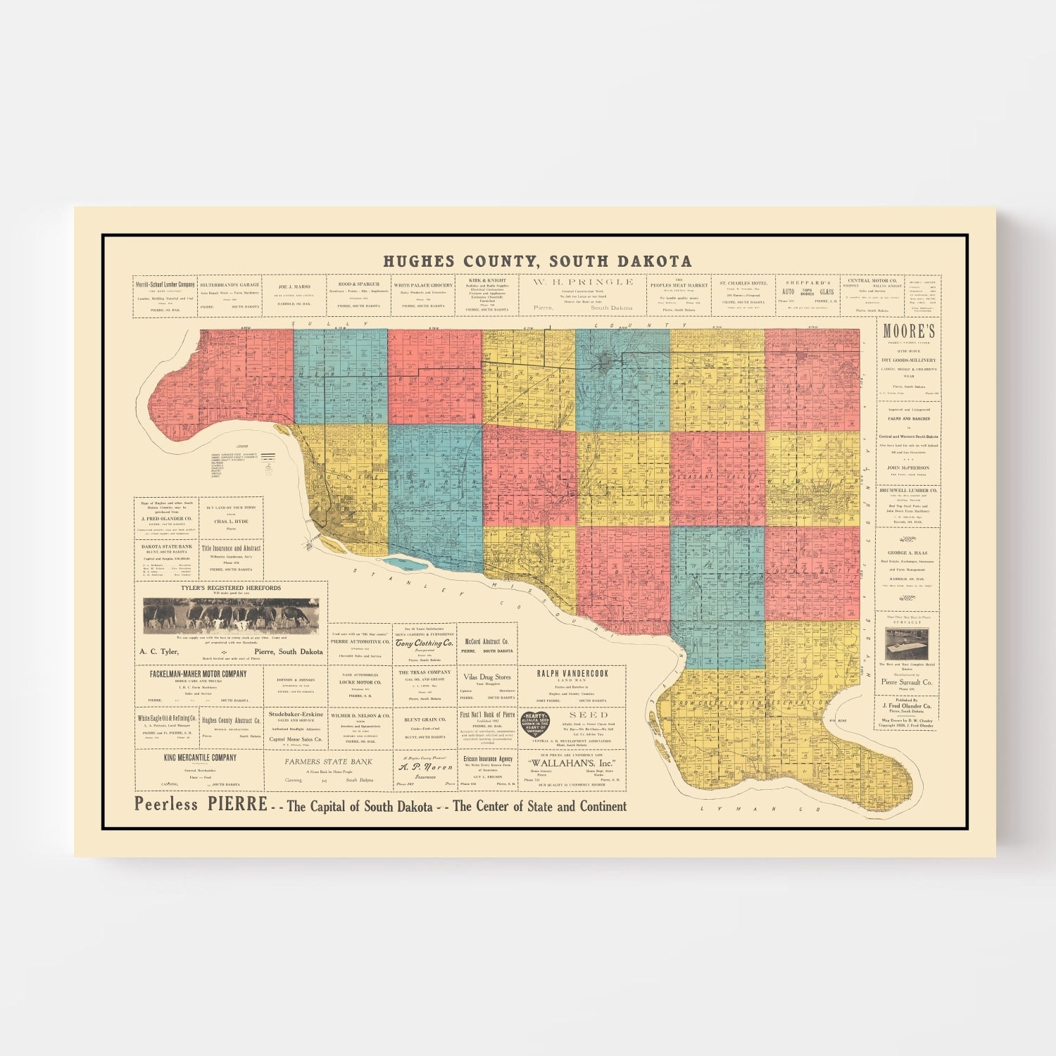Vintage Map of Hughes County, South Dakota 1929