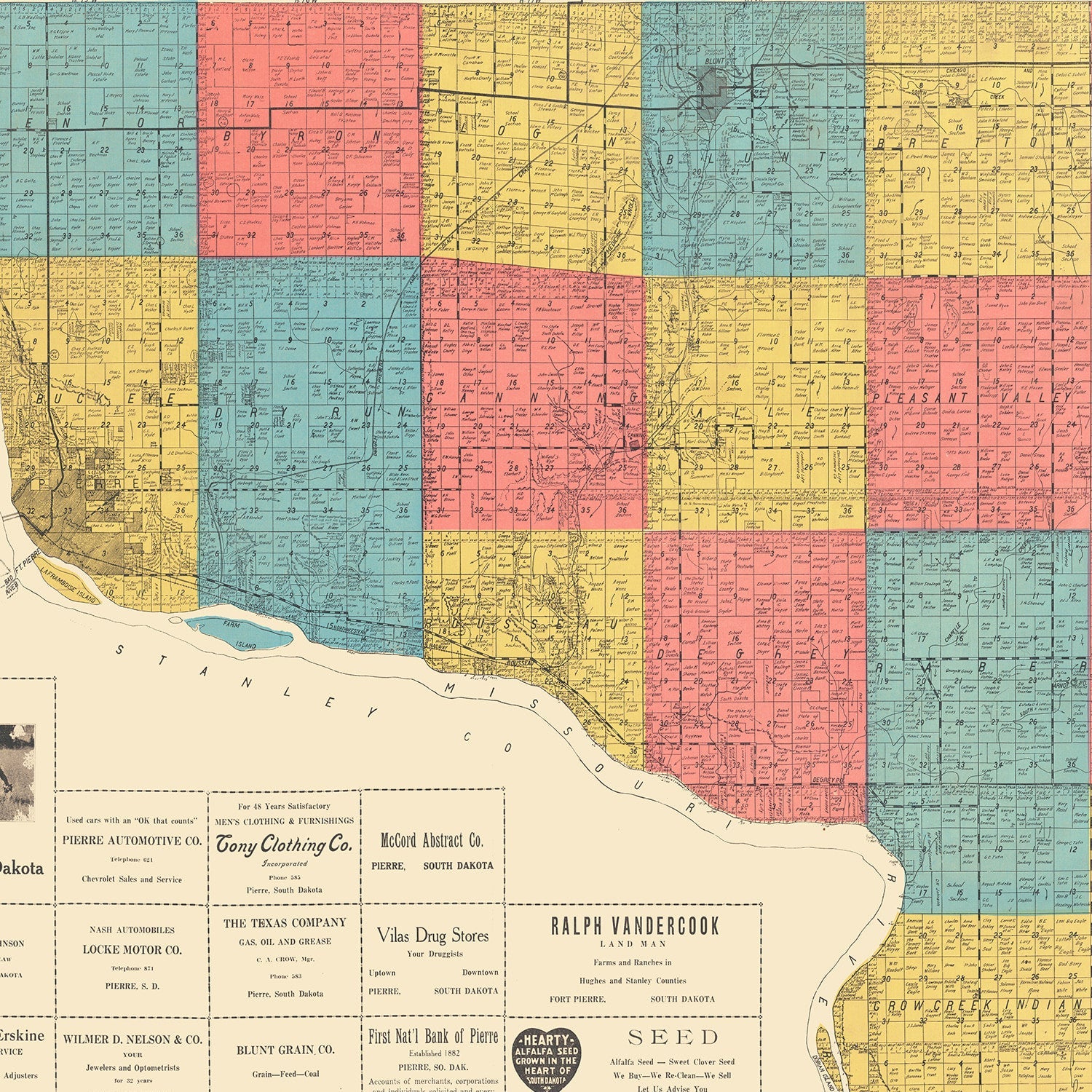 Vintage Map of Hughes County, South Dakota 1929