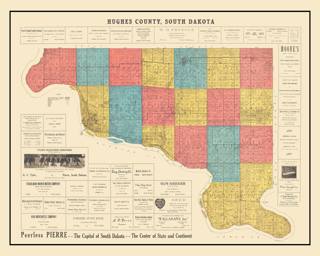 Vintage Map of Hughes County, South Dakota 1929