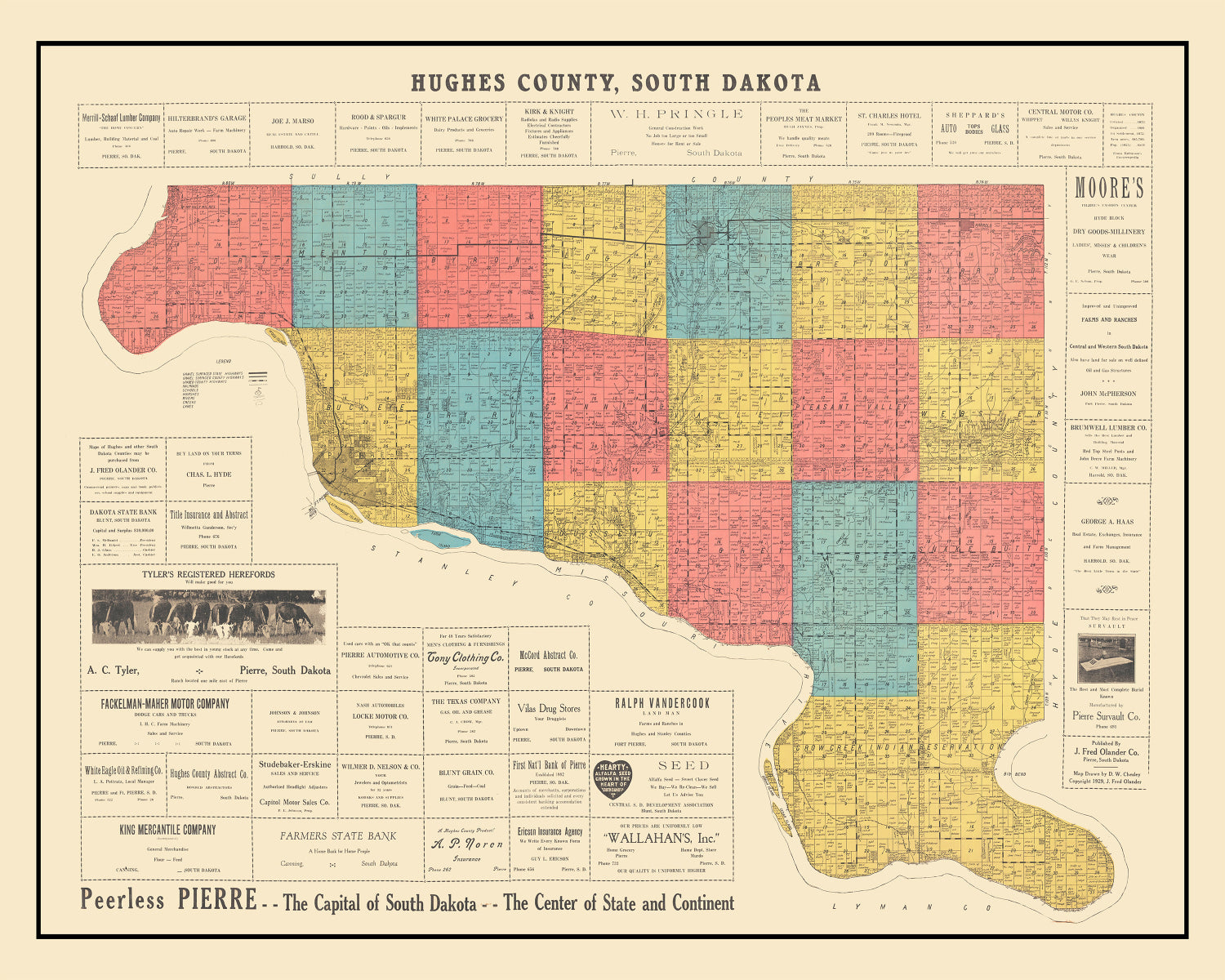 Vintage Map of Hughes County, South Dakota 1929