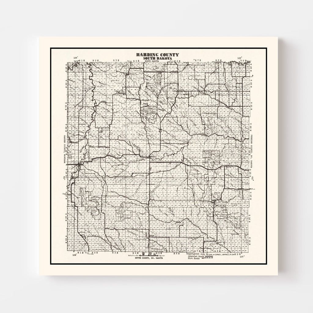 Vintage Map of Harding County, South Dakota 1952