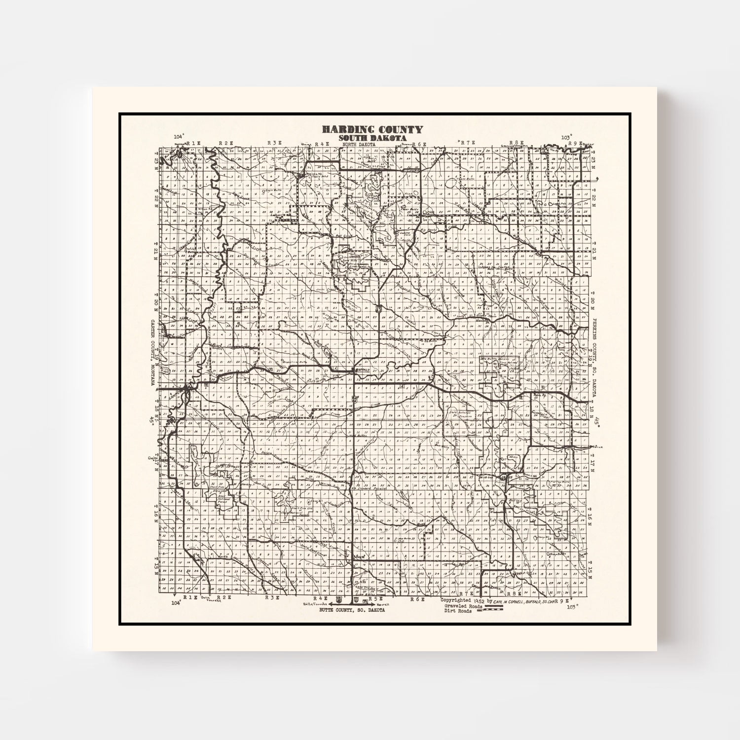 Vintage Map of Harding County, South Dakota 1952