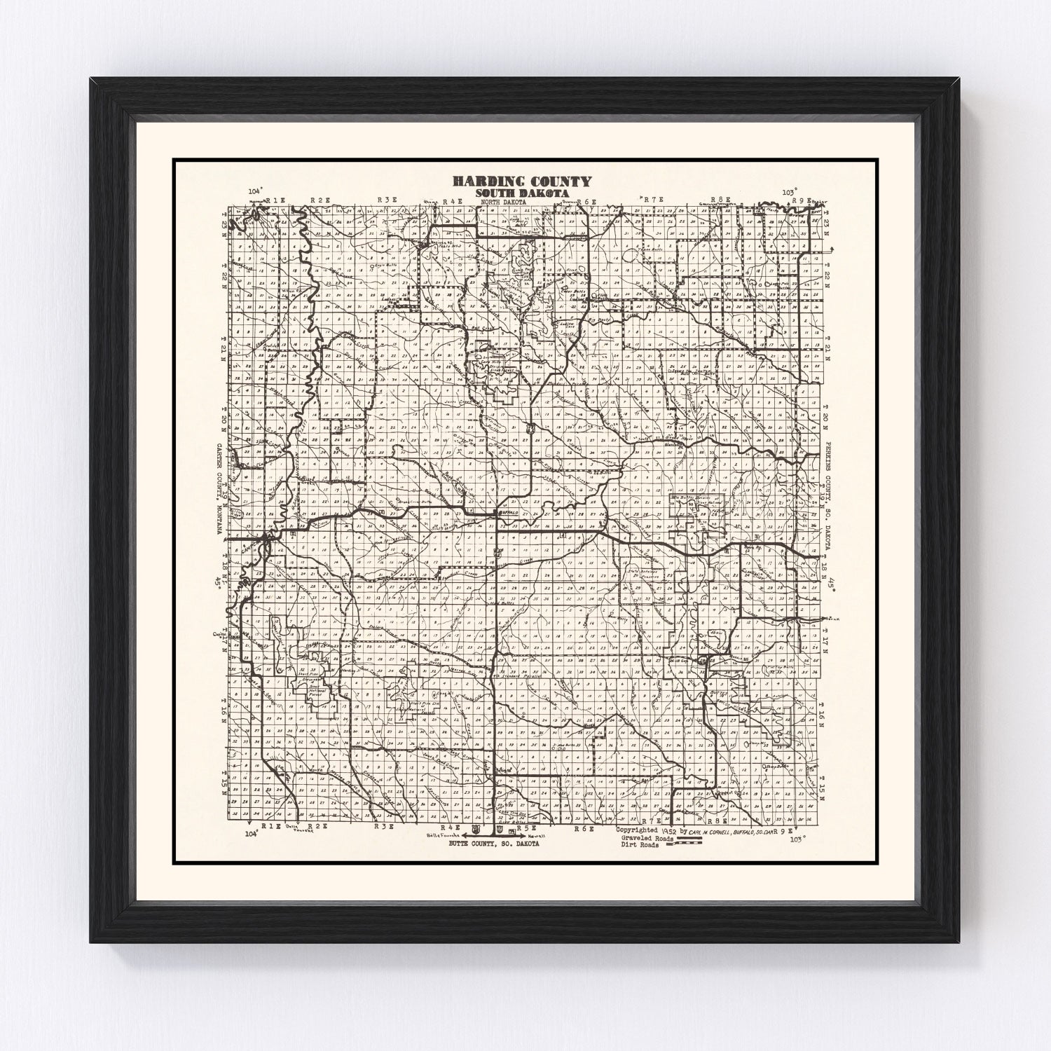Vintage Map of Harding County, South Dakota 1952