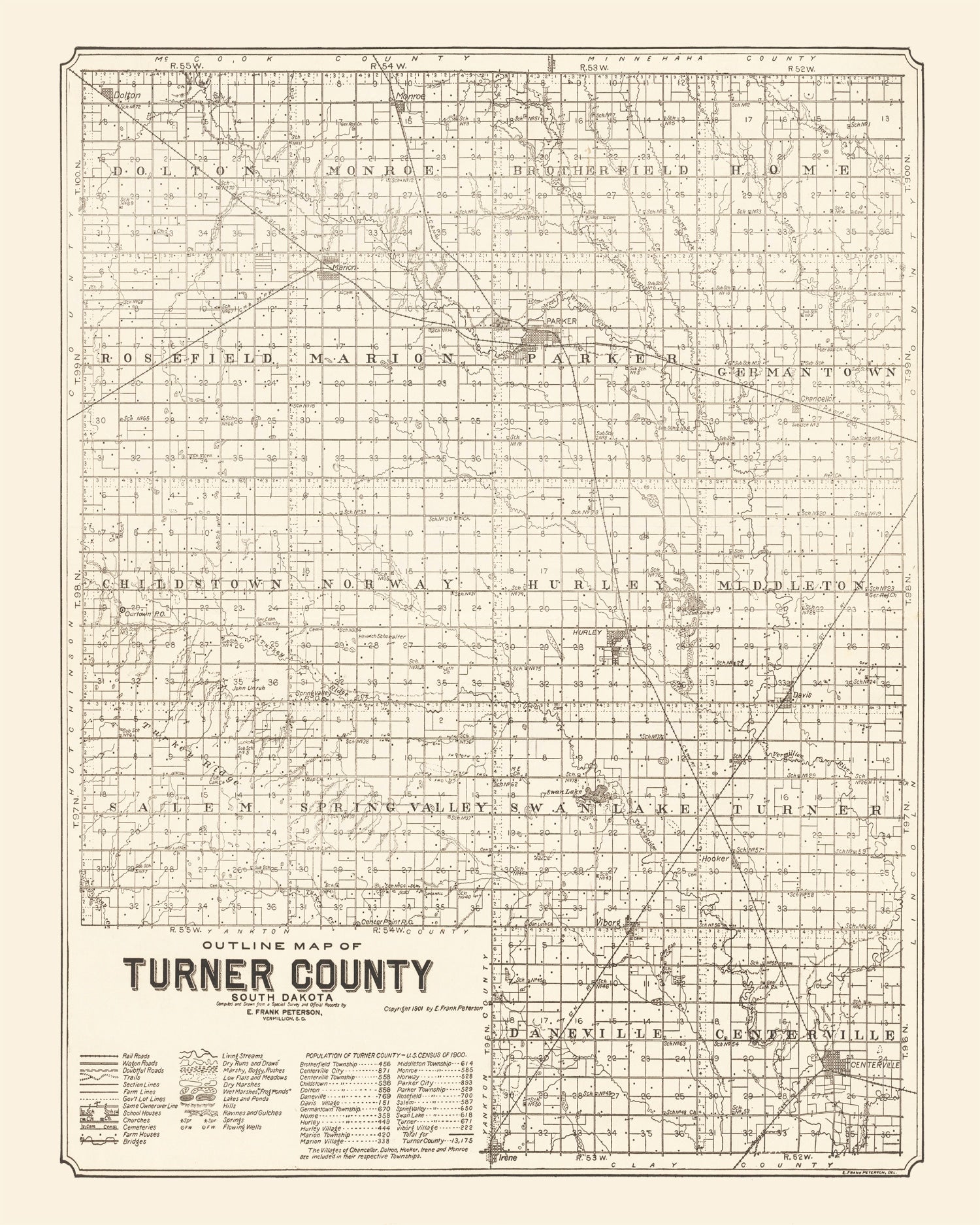 Vintage Map of Turner County, South Dakota 1901