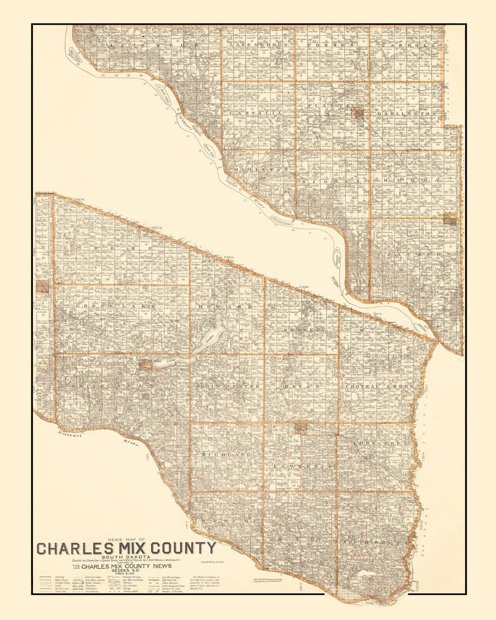 Vintage Map of Charles Mix County, South Dakota 1909