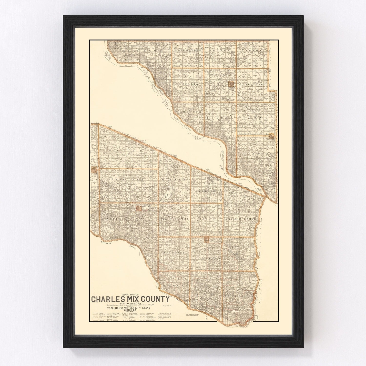 Vintage Map of Charles Mix County, South Dakota 1909