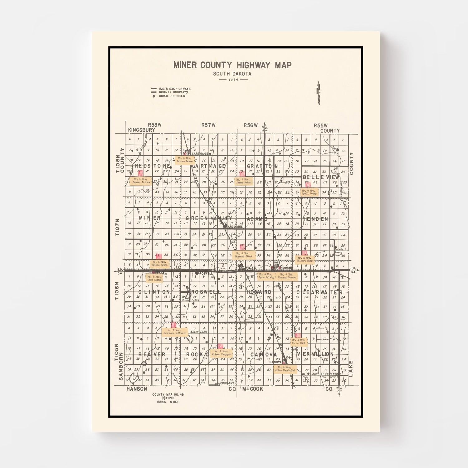 Vintage Map of Miner County, South Dakota 1954