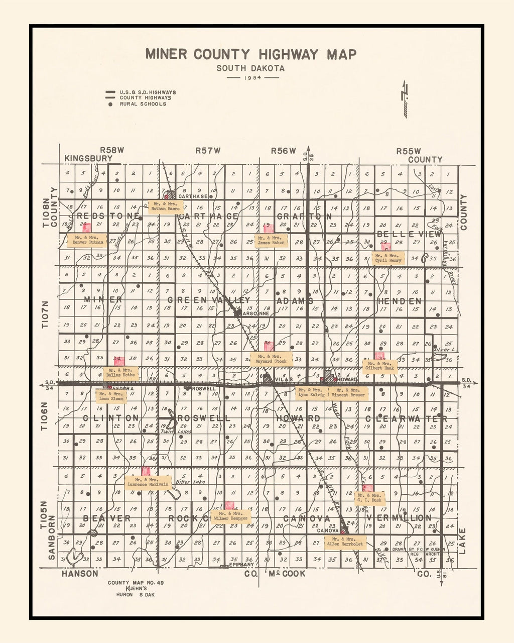 Vintage Map of Miner County, South Dakota 1954