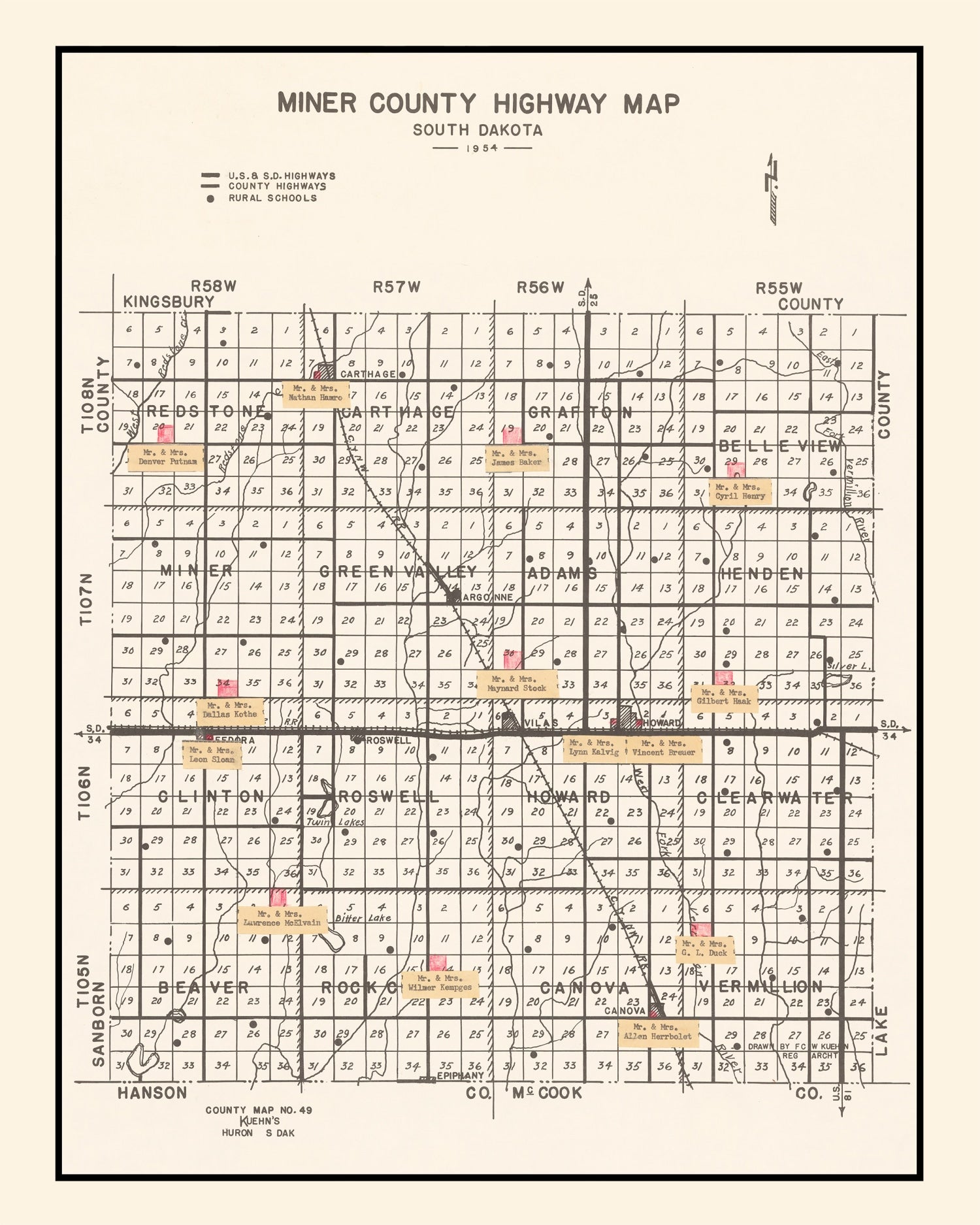 Vintage Map of Miner County, South Dakota 1954
