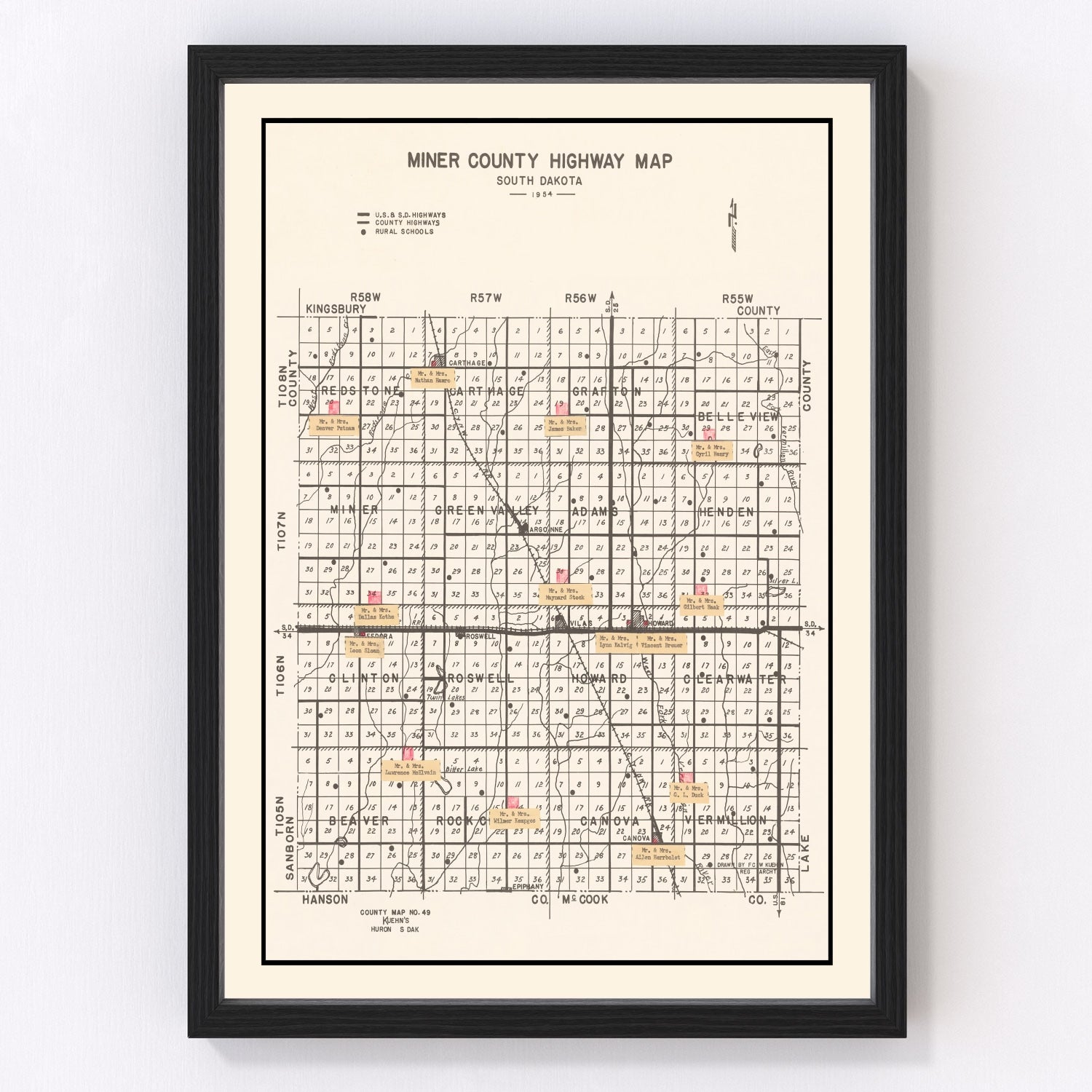 Vintage Map of Miner County, South Dakota 1954