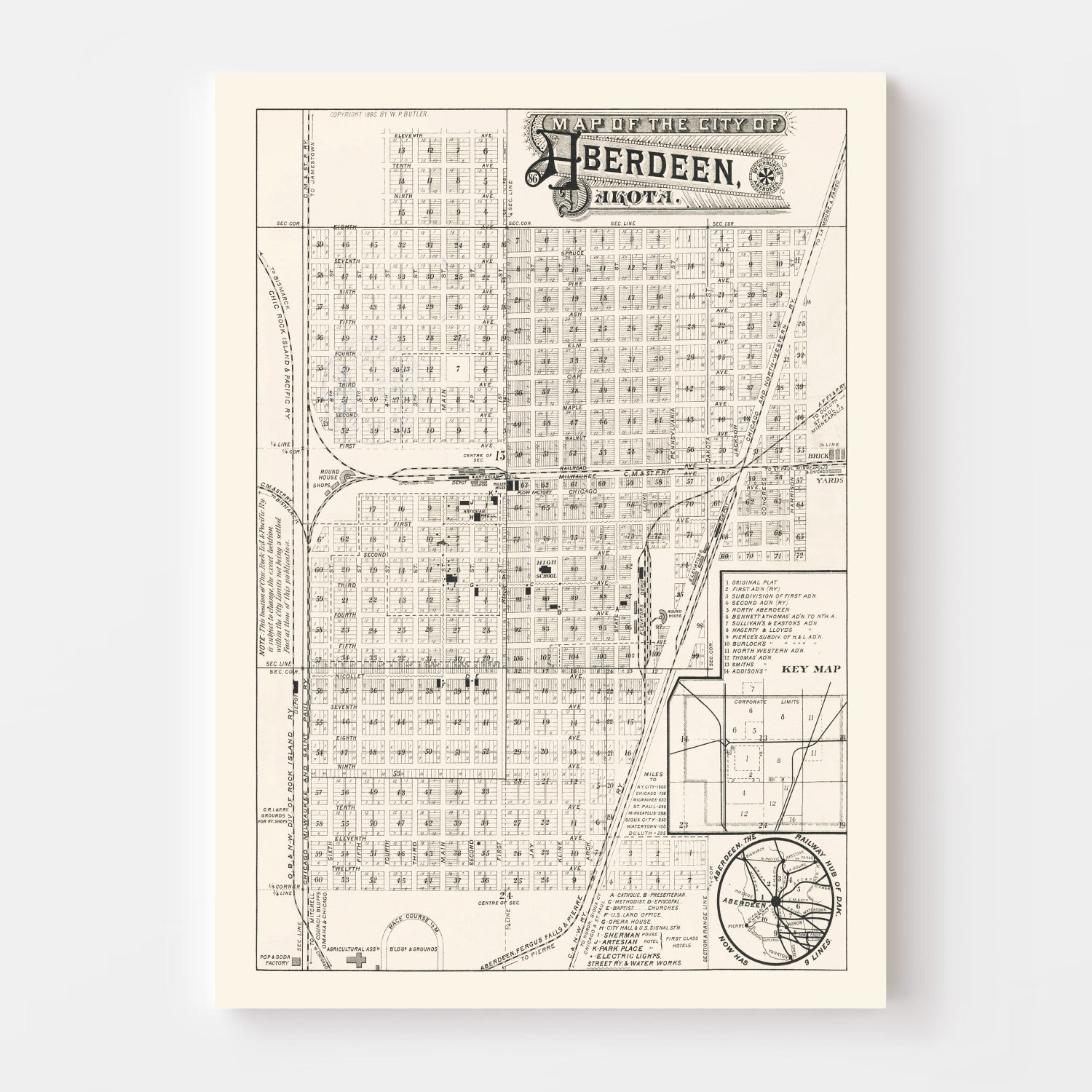 Vintage Map of Aberdeen, South Dakota 1886