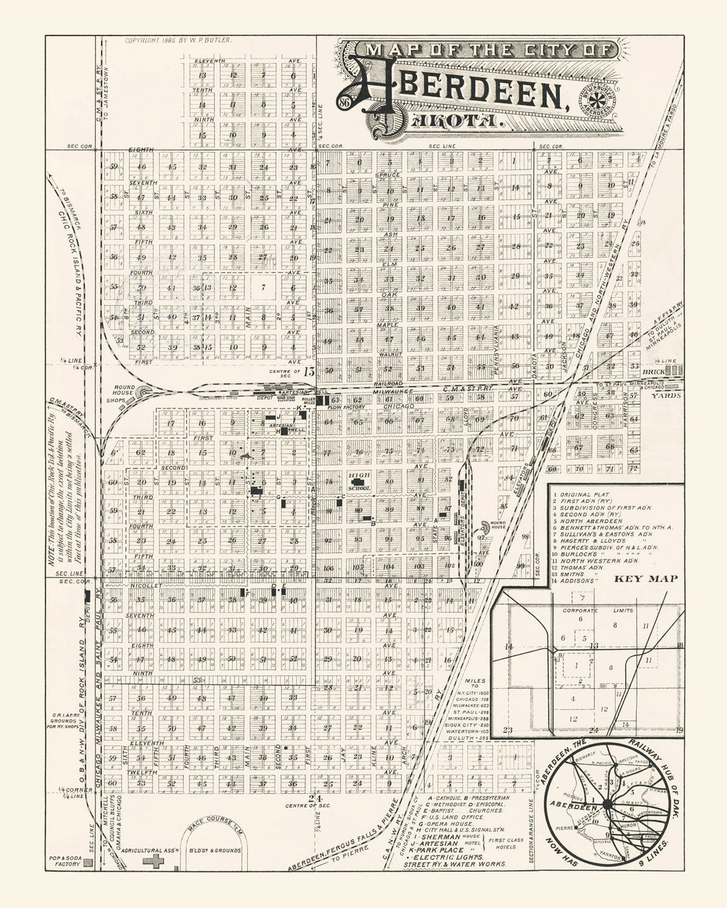 Vintage Map of Aberdeen, South Dakota 1886