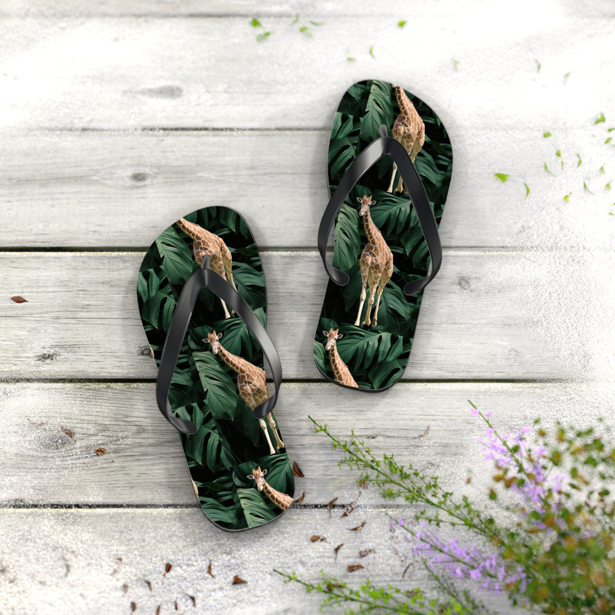 Tall Giraffe Surrounded by Greenery Flip Flops