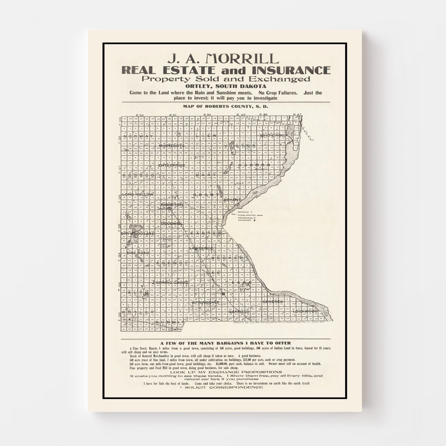 Vintage Map of Roberts County, South Dakota 1907