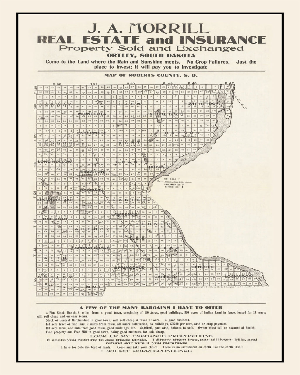 Vintage Map of Roberts County, South Dakota 1907