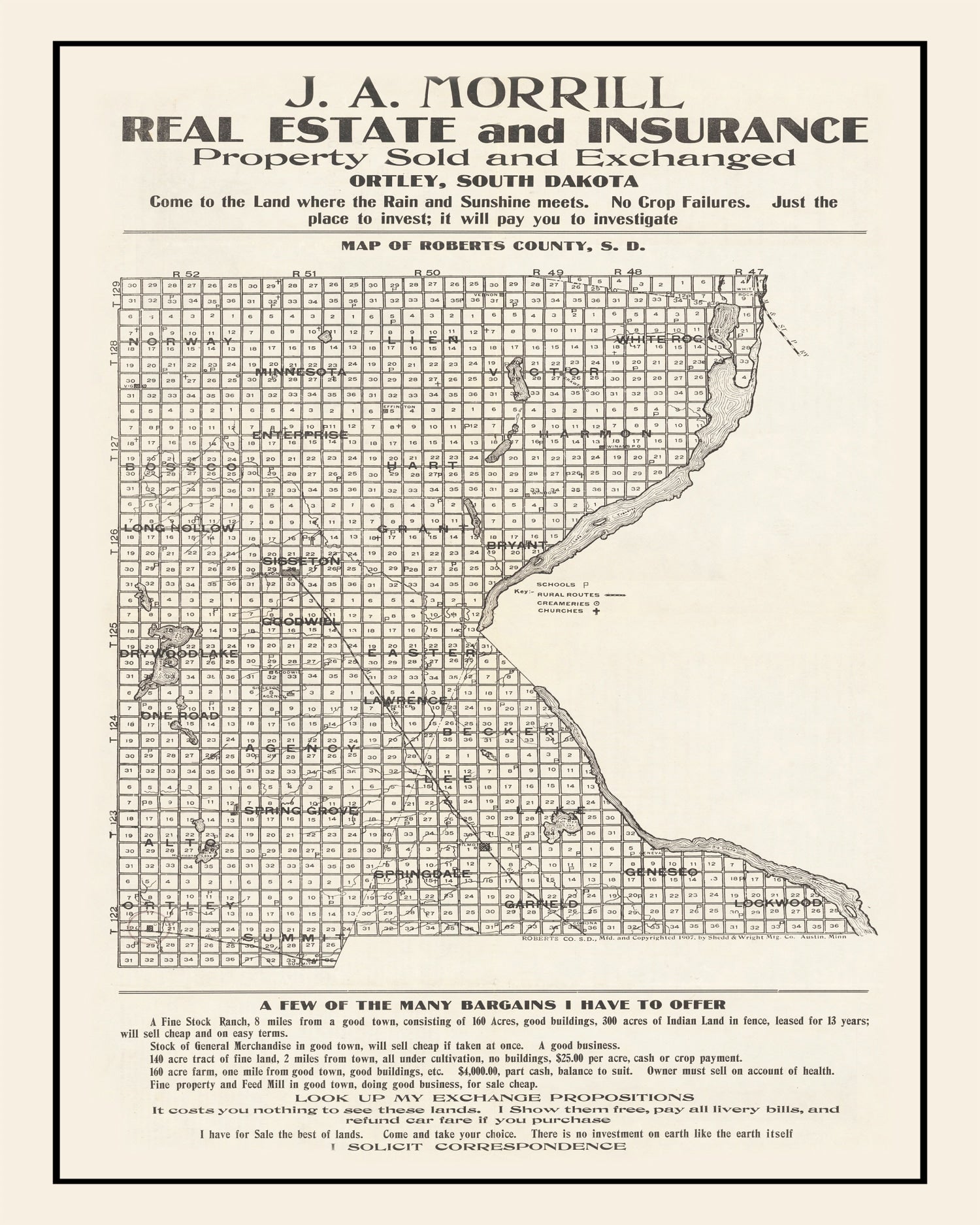 Vintage Map of Roberts County, South Dakota 1907