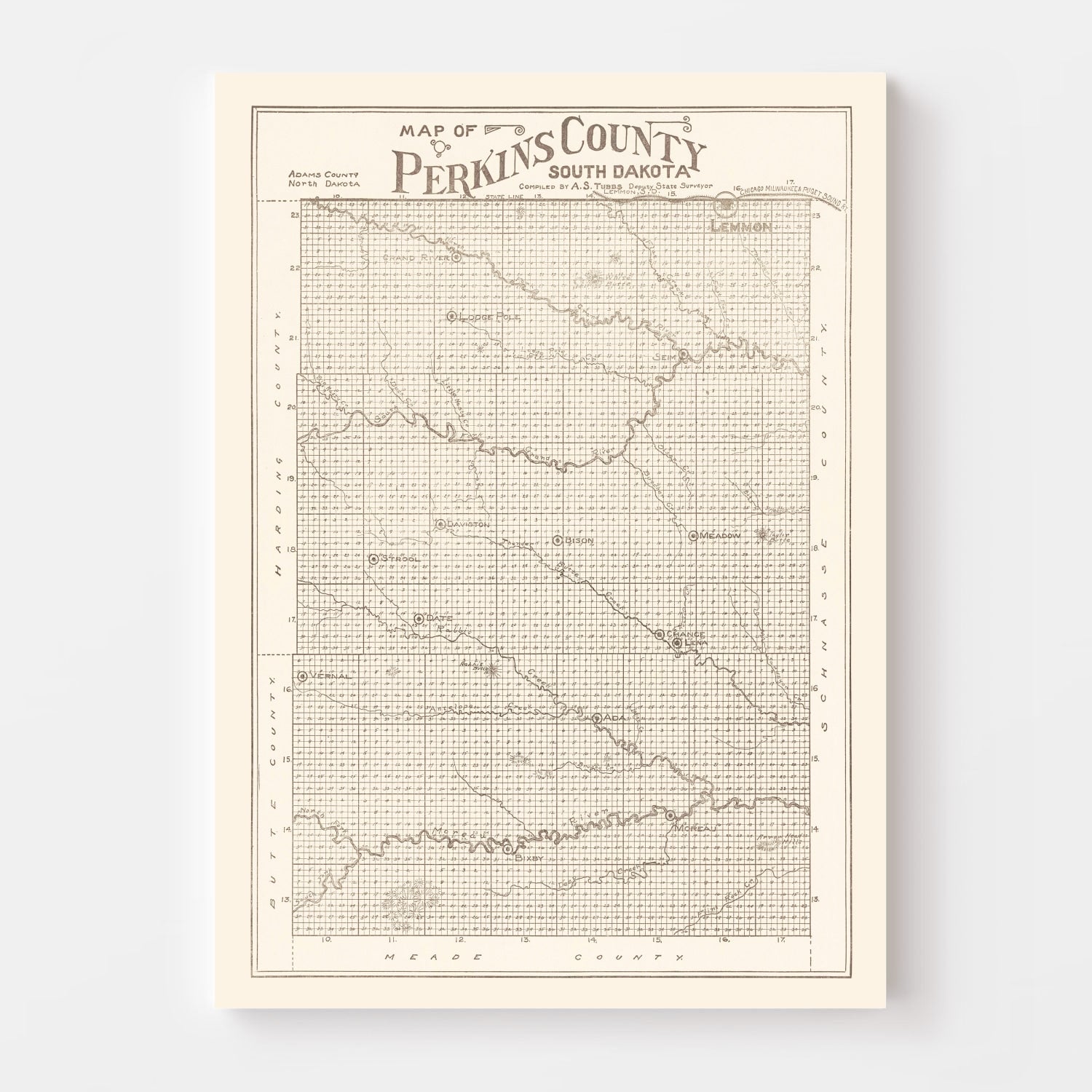 Vintage Map of Perkins County, South Dakota 1919